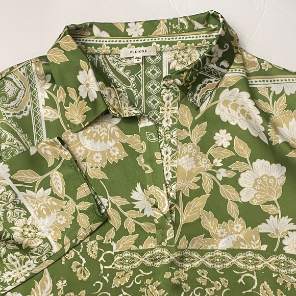 Pleione Olive Floral Print Green Beige White Long Sleeve Blouse Size XL - Picture 4 of 7